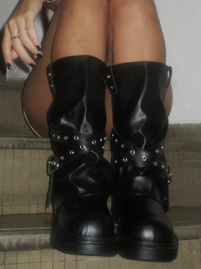 Botas Mujer Con Hebillas y Correa - CAÑA MEDIA